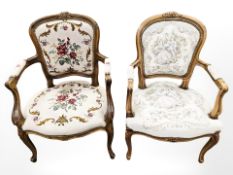 Two continental carved beech salon armchairs