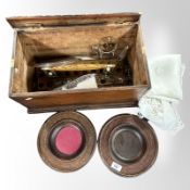 Two turned oak bowls, a further box containing oak drinks stand and glasses, etc.