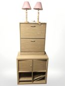 An oak effect cube shelving unit,