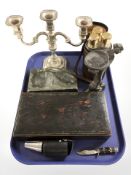 A 19th century gaming box containing various tokens, three hip flasks in leather pouch,
