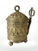 A Victorian brass string box and matching scissors, height 15 cm.