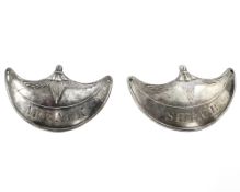 Two Georgian decanter labels 'Arrack' and 'Shrub', each 5cm wide.