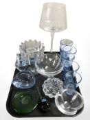 Scandinavian glass beakers, over sized wine glass, candlestick,