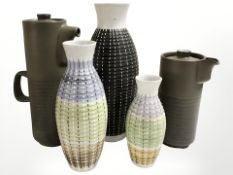 Three Denby ribbed pottery vases and two further olive glazed jugs, tallest 36 cm.