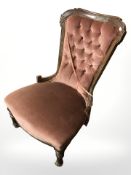 A Victorian lady's salon chair in salmon dralon upholstery