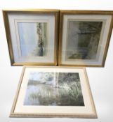 Two Joan Henderson signed colour prints and a further watercolour of a rural village signed 'Mel'.