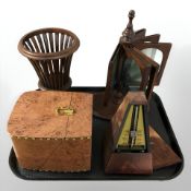 A lacquered burr walnut box, metronome,