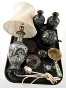 Chinese cloisonne wares including table lamp, teapot, pair of vases,