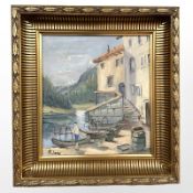 Danish School : Figure by boats, oil on canvas, 27 cm x 30 cm.