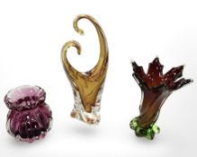 Three pieces of continental coloured glass, tallest 31 cm.