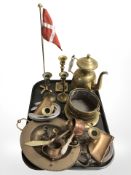 Brass candlesticks, Danish desk flagpole, twin handled dish, basket, teapot, etc.