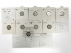 Fourteen three pence pieces, Victorian to George VI, including 1937 and 1941 uncirculated,
