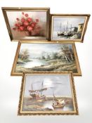 Four contemporary oil paintings including still life of flowers,