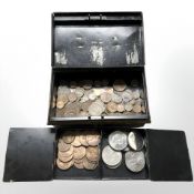 A tin of crowns, George VI and Elizabeth II pennies and half pennies,