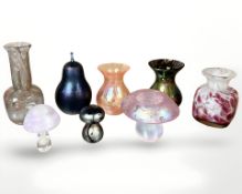 A group of iridescent art glass, to include Mtarfa mushroom, pear, further small vases,