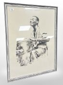 A limited edition monochrome print depicting a figure playing a drum, signed in pencil,