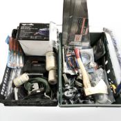 Assorted hand tools, try square set, trolley castors, boxed jump starting kit.