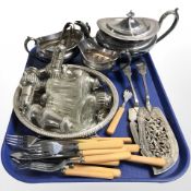 Silver plated wares including tea set, cutlery, sifters, etc.