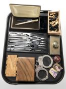 Set of drawing utensils, small boxed wood chess set, desk blotter, miniature reproduction Icon,