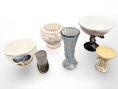 A group of contemporary ceramics and glass to include iridescent comport with white basin,