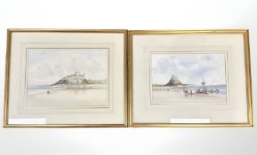 Tom MacDonald : Figures on the beach at Bamburgh and Lindisfarne, two watercolours framed as a pair,