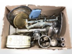 A set of scales, stainless steel wares, tins, etc.