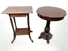 A late 19th century oak occasional table fitted a drawer and a further mahogany circular table