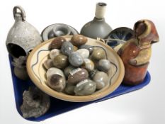 Polished hard stone egg ornaments, further continental ceramics including candle holders,
