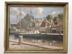 F Svendsen : Boat on a canal, oil on canvas, 44 cm x 34 cm.