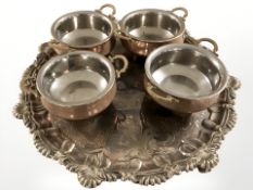 A large silver plated salver with gadrooned edge, diameter 48 cm,