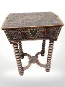 A 19th century barley twist poker work sewing box with velvet lined interior and brass mounts,