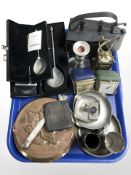 Silver plate and pewter irons, 19th century iron, two travel time pieces,