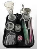 A Waterford Crystal vase, further art glass vase, elephant paperweight, pewter mounted tankard,