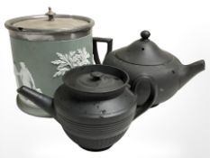 A Jasperware silver plate mounted biscuit barrel and two black basalt teapots.