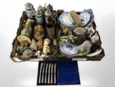 A group of pottery steins, figurines, blue and white dinner wares, white metal scroll holder.