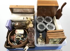 A group of table boxes, glass storage jar, necklaces, cherub figurine,