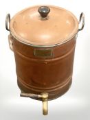 A lidded copper urn with twin handles and brass tap,