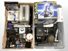 A boxed joy stick, radio clocks, Agfa projector, photograph accessories,