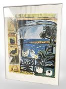 A continental colour print depicting birds in an archway, 61 cm x 81 cm.