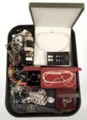 A group of costume pearls, necklaces, 9ct gold trace link necklace, silver items, compass, etc.