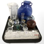 Scandinavian glass ornaments, Swedish Nybro glass candle holder, twin handled vase, etc.