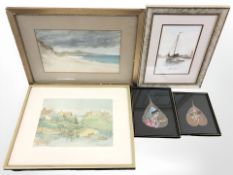 A group of pictures and prints, Harriet Baker watercolour of Alnmouth Bay, Northumberland,