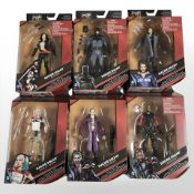 Six Mattel DC Comics multiverse figurines in boxes.