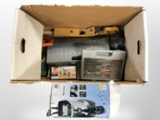 A quantity of tools and hardware, screw driver set, drill bits, wood plane,