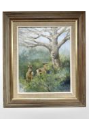 Danish School : Deer by a tree, oil on canvas, 32 cm x 39 cm.