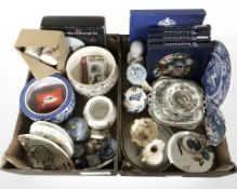 A quantity of Royal Doulton collector's plates, Maling planter, figures, blue and white ceramics,