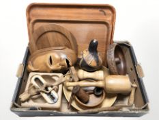 Assorted treen items including serving trays, mask, carved figure, pipe,
