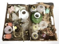 A quantity of brass wall sconces wired for electricity, light shades, etc.