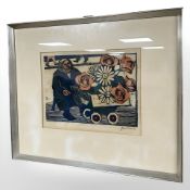 A continental colour print depicting a figure selling flowers, indistinctly signed, 37 cm x 28 cm.