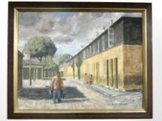 Frede Malmros : Figures in a street, oil on canvas, 65 cm x 50 cm.